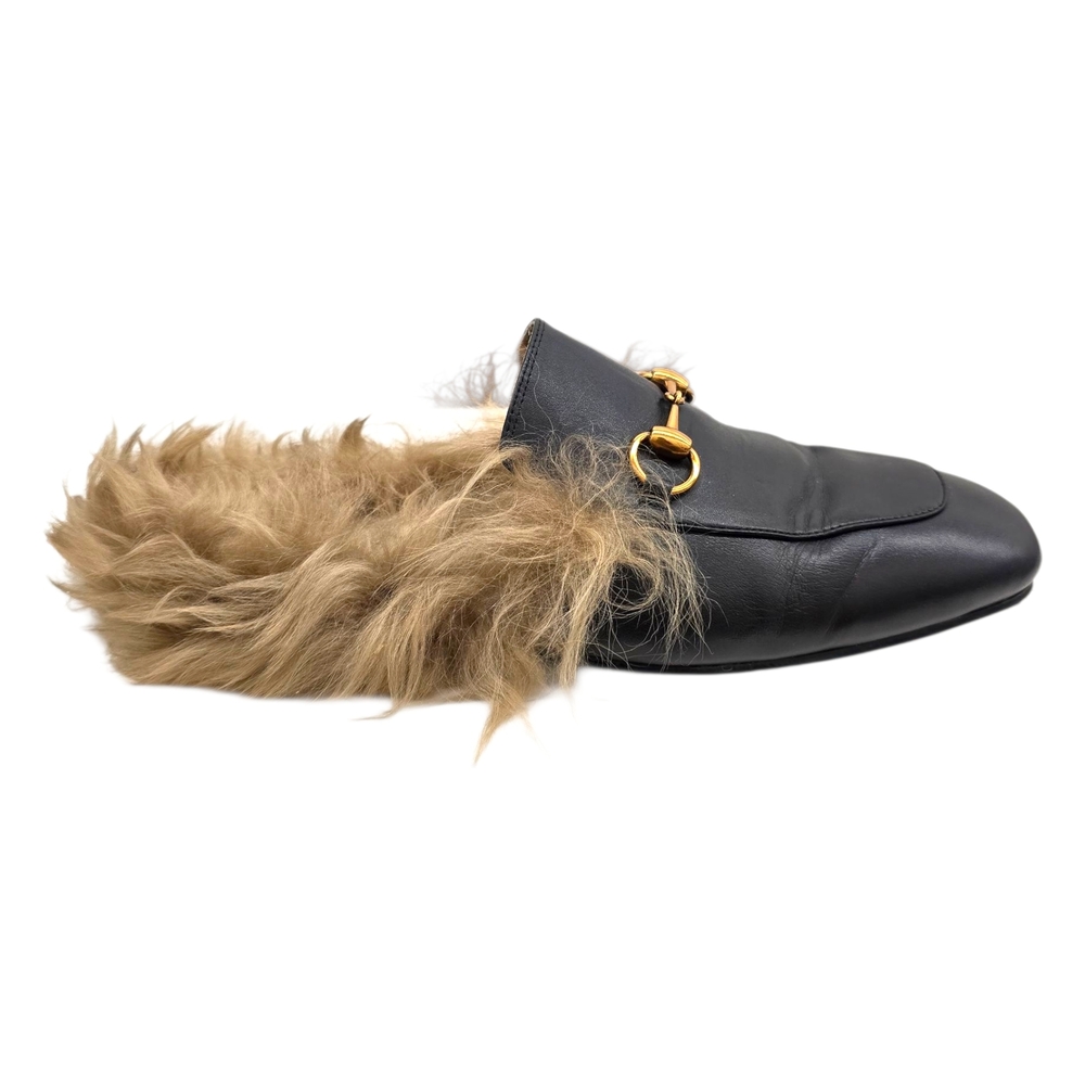 Gucci Black Leather Loafers with Fur Trim